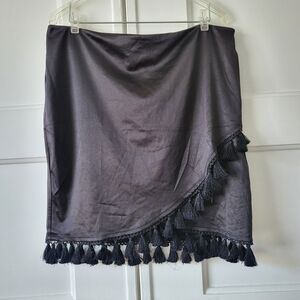Black satin faux wrap mini skirt tassel trim 2X